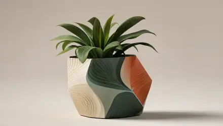 Geometric painted planter holding a green succulent on a neutral beige backdrop — 4K Ultra HD PC desktop wallpaper and background.