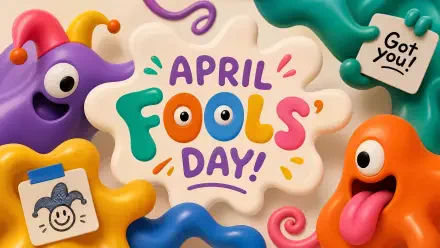 4K Ultra HD PC desktop wallpaper: playful colorful blob monsters and doodles framing bold April Fools' Day! text, confetti accents and a small Got you! sticky note.