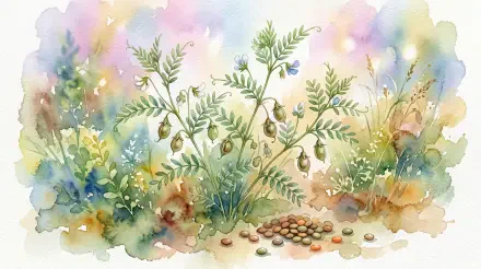 Watercolor lentil plant with pods and scattered seeds set on a soft pastel wash — 5K Ultra HD PC desktop wallpaper and background.