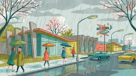 5K Ultra HD PC desktop wallpaper and background: retro mid-century street scene at Mid‑Town Café in spring rain, umbrellas, puddles, and vintage cars.