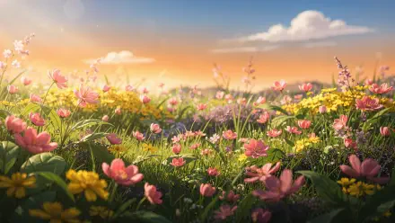 Colorful spring meadow at sunrise with pink and yellow wildflowers, soft light and drifting clouds — 4K Ultra HD PC Desktop Wallpaper and Background.