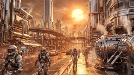 5K Ultra HD PC wallpaper — heatwave over a sun-scorched futuristic industrial city, reflective streets, rising steam and figures in protective suits.