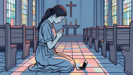 5K Ultra HD PC desktop wallpaper and background: stylized illustration of a woman kneeling in prayer inside a stained-glass church, hands clasped beside an open laptop on a tiled floor.