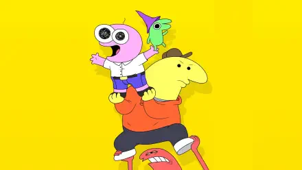 Smiling Friends 4K Ultra HD PC desktop wallpaper: cartoon trio stacked in a playful pose on a bold yellow background.