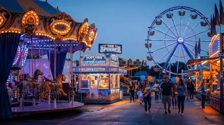 Dusk fair scene: glowing carousel, Ferris wheel, popcorn stand and families walking — 5K Ultra HD PC desktop wallpaper and background.