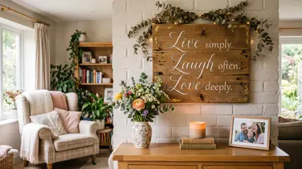 Cozy living room scene with a wooden Live Laugh Love sign above a vase of flowers, armchair and framed photo — 5K Ultra HD PC Desktop Wallpaper and Background