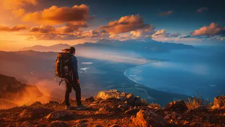 Wanderlust: hiker on a rocky summit at sunset overlooking a curving coastline and dramatic clouds — 4K Ultra HD PC desktop wallpaper/background