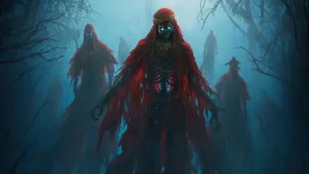 The Lord of the Rings: The Rings of Power 4K Ultra HD PC desktop wallpaper: three hooded, red-cloaked wraiths with glowing eyes looming through a misty blue forest.