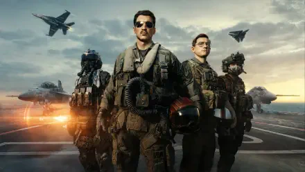 Top Gun: Maverick 4K Ultra HD PC desktop wallpaper/background: fighter pilots in flight suits on an aircraft carrier deck with jets flying overhead at sunset.