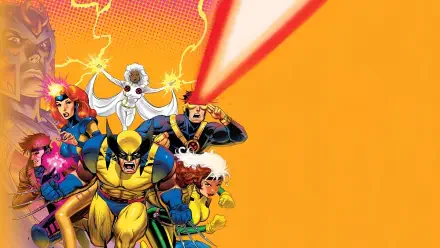 Vibrant X-Men 4K Ultra HD PC desktop wallpaper and background showing Wolverine charging front, Cyclops firing an optic blast, Storm, Rogue and teammates against a bold orange backdrop.