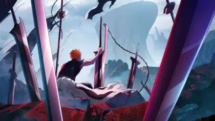 Bleach: Thousand-Year Blood War 4K Ultra HD PC desktop wallpaper — Ichigo stands on a blood-red field, sword raised toward a looming, shadowy fortress beneath a stormy sky.