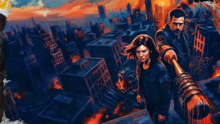 4K Ultra HD PC desktop wallpaper and background: The Walking Dead: Dead City — two hardened survivors on a rooftop survey a burning, crumbling city at dusk, one wielding a barbed weapon.