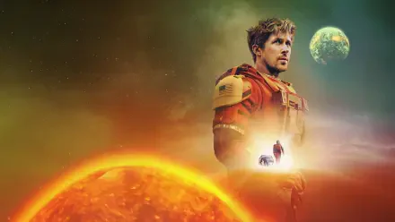 Project Hail Mary 4K Ultra HD PC wallpaper: astronaut in orange suit framed by a blazing star, a distant green planet and a small spacecraft in a hazy cosmic sky.