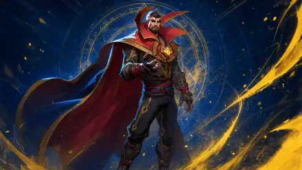 Marvel Rivals 4K Ultra HD PC wallpaper: Doctor Strange in a crimson cloak conjuring golden arcane swirls before a glowing mystic circle on a cosmic blue background.