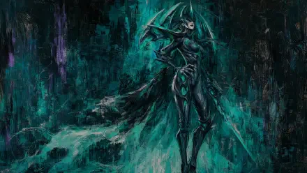 Marvel Rivals 4K Ultra HD PC desktop wallpaper: towering armored figure in teal-black, energy blades and flowing mist against a dark, textured abstract background.