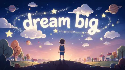 4K Ultra HD PC desktop wallpaper and background: child on a hill at dusk gazing at a starry sky with clouds, planets and glowing dream big text above a small town.