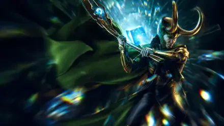Dynamic 4K Ultra HD PC desktop wallpaper of Loki (Marvel Comics) in horned helmet and green cloak, brandishing a glowing scepter amid shards of blue energy.