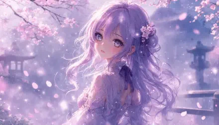 Kawaii anime girl with flowing lavender hair and floral hairpin amid falling cherry blossoms, soft pastel lighting — 5K Ultra HD PC desktop wallpaper background