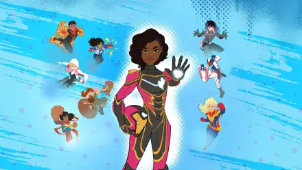 Marvel Rising 4K Ultra HD PC desktop wallpaper featuring animated heroes, a central armored young hero with hand raised against a blue comic-style background.