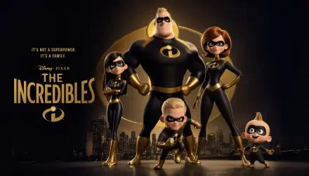 The Incredibles family in black-and-gold superhero suits striking heroic poses before a nighttime city skyline — 5K Ultra HD PC desktop wallpaper/background.