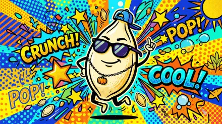 Vibrant pop-art 5K Ultra HD PC desktop wallpaper and background of a cool cartoon pumpkin seed wearing sunglasses and a chain amid comic-style stars, bursts and CRUNCH! POP! text.