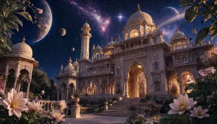 5K Ultra HD PC desktop wallpaper and background of an ornate colonial architecture palace at night beneath a starry, planet-filled sky, glowing archways and lush gardens.