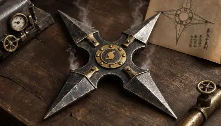 Steampunk-style metal shuriken with a brass center on a worn wooden table, parchment sketch and clockwork pieces nearby — 5K Ultra HD PC Desktop Wallpaper and Background
