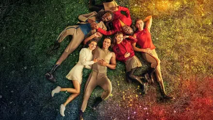 Star Trek: Starfleet Academy ensemble lying on a colorful grassy field in a vibrant 4K Ultra HD PC desktop wallpaper, rainbow lighting and relaxed group portrait evoking Star Trek atmosphere.