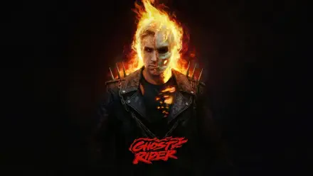 Ghost Rider (2028) 5K Ultra HD PC desktop wallpaper — flaming-skulled rider in a scorched leather jacket, fire and embers against a dark background with a red Ghost Rider logo.
