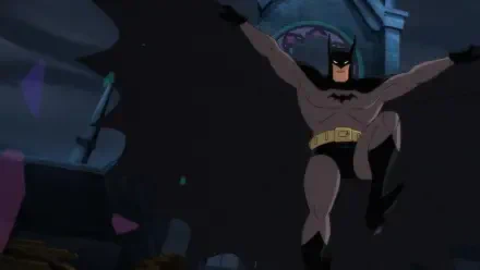 HD PC desktop wallpaper of Batman: Caped Crusader TV show, animated Batman leaping with cape spread against a dark Gotham backdrop.