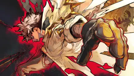 Dynamic anime illustration (Gachiakuta) from Wallpaper Abyss: gold-and-red warrior lunges forward with outstretched hand, dramatic motion and lighting — 2K Quad HD PC desktop wallpaper