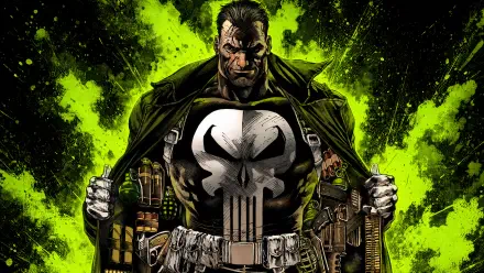 Punisher in tactical gear opening his coat to reveal the skull emblem against neon green smoke — 4K Ultra HD PC desktop wallpaper and background