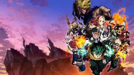 My Hero Academia: You're Next — My Hero Academia 4K Ultra HD PC desktop wallpaper and background: Izuku Midoriya and fellow heroes charge past a ruined city at sunset amid flames and energy effects.