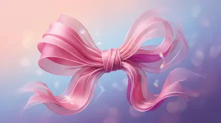 Translucent pink bow ribbon with flowing tails on a soft pastel bokeh backdrop — 5K Ultra HD PC desktop wallpaper and background.