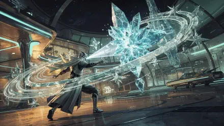 4K Ultra HD PC desktop wallpaper: a warrior casts a swirling ice spell, conjuring a massive crystal shard of magic in a futuristic hall.