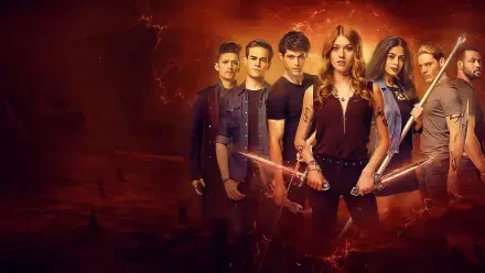 Shadowhunters characters posed against a fiery red-orange backdrop, six armed figures with runes and glowing effects — 4K Ultra HD PC desktop wallpaper and background.