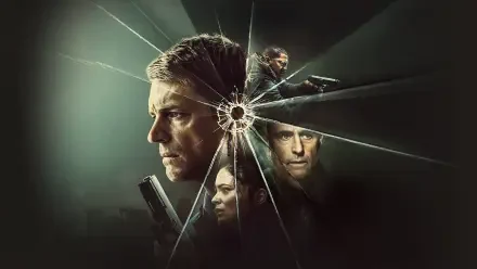 The Silent Hour — 4K Ultra HD PC desktop wallpaper: four tense profiles and pistols seen through bullet-riddled, spiderwebbed glass against a moody green background.