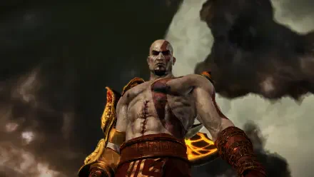 Kratos in God Of War III, blood-scarred and armored, stands against stormy clouds — HD PC desktop wallpaper and background.