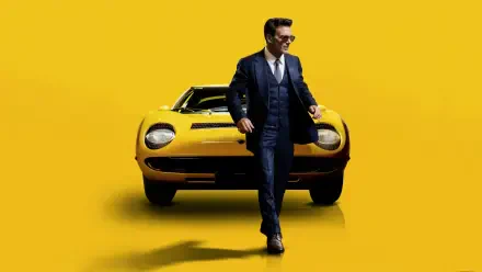 Man in a suit walking past a yellow Lamborghini on a vivid yellow backdrop — 4K Ultra HD PC desktop wallpaper: Lamborghini: The Man Behind the Legend