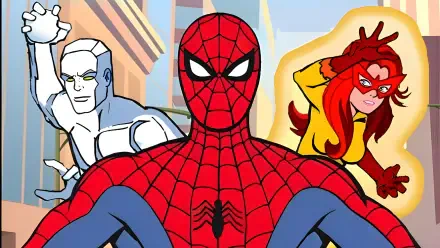 Spider-Man flanked by Iceman (left) and Firestar (right) in a vibrant comic-city scene — Spider-Man and His Amazing Friends 4K Ultra HD PC desktop wallpaper