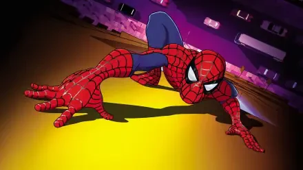 Spider-Man: The New Animated Series HD PC desktop wallpaper — Spider-Man in red-and-blue suit crouches on a rooftop, dramatic purple sky and yellow-lit cityscape background.
