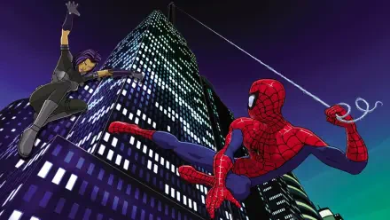 Spider-Man: The New Animated Series — Spider-Man swings between lit skyscrapers at night while a masked figure swings opposite. HD PC desktop wallpaper/background.
