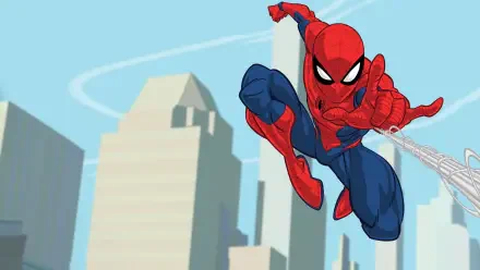 Marvel's Spider-Man in a dynamic mid-air pose firing a web against a stylized city skyline — HD PC desktop wallpaper/background.