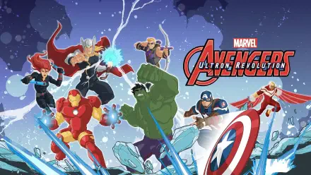 Marvel's Avengers Ultron Revolution 4K Ultra HD PC desktop wallpaper and background: Iron Man, Captain America, Thor, Hulk, Black Widow, Hawkeye and Scarlet Witch clash amid lightning and ice.