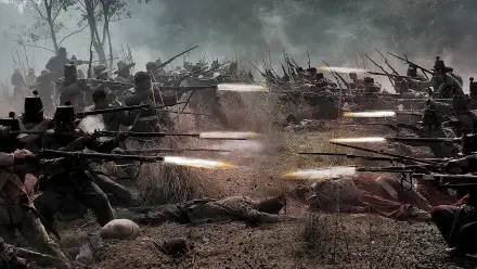 Cinco de Mayo: The Battle - 4K Ultra HD PC desktop wallpaper of 19th-century soldiers firing muskets across a smoky battlefield, bayonets glinting amid muzzle flashes.