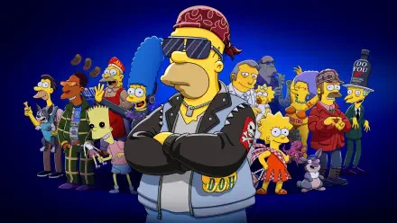 The Simpsons biker-themed group portrait with Homer front and center in a leather jacket and shades, vibrant characters on a deep blue backdrop — 4K Ultra HD PC desktop wallpaper/background.