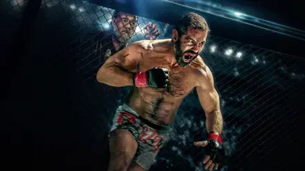 4K Ultra HD PC desktop wallpaper/background of a roaring MMA beast in a caged fight, muscles glistening under bright arena lights.