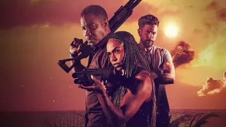 The Island 4K Ultra HD PC desktop wallpaper: three armed figures stand on a shoreline at sunset, orange sky and a distant palm-covered isle, cinematic and tense atmosphere.