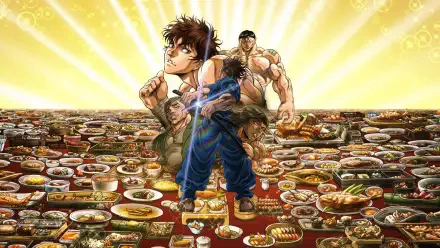 HD PC desktop wallpaper of Baki Hanma (anime): Baki and fellow fighters stand amid a sea of bento and dishes, bathed in dramatic golden rays.