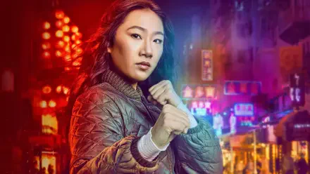 4K Ultra HD PC desktop wallpaper for Kung Fu (TV show): young woman in a martial-arts stance, wearing a quilted jacket against a neon-lit city nightscape.
